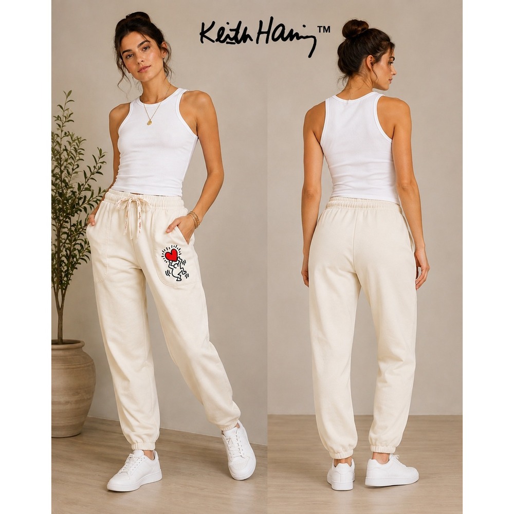 Keith Haring Cream Graphic Joggers Heart Print Cozy Sweatpants Size Medium